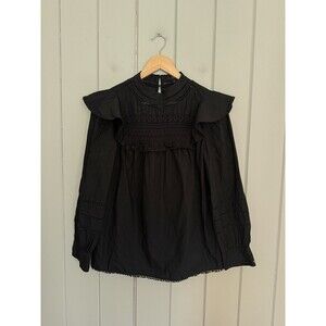 J. Crew Top S Small Crochet Embroidered Lace Ruffle Black AK764 Boho Cotton